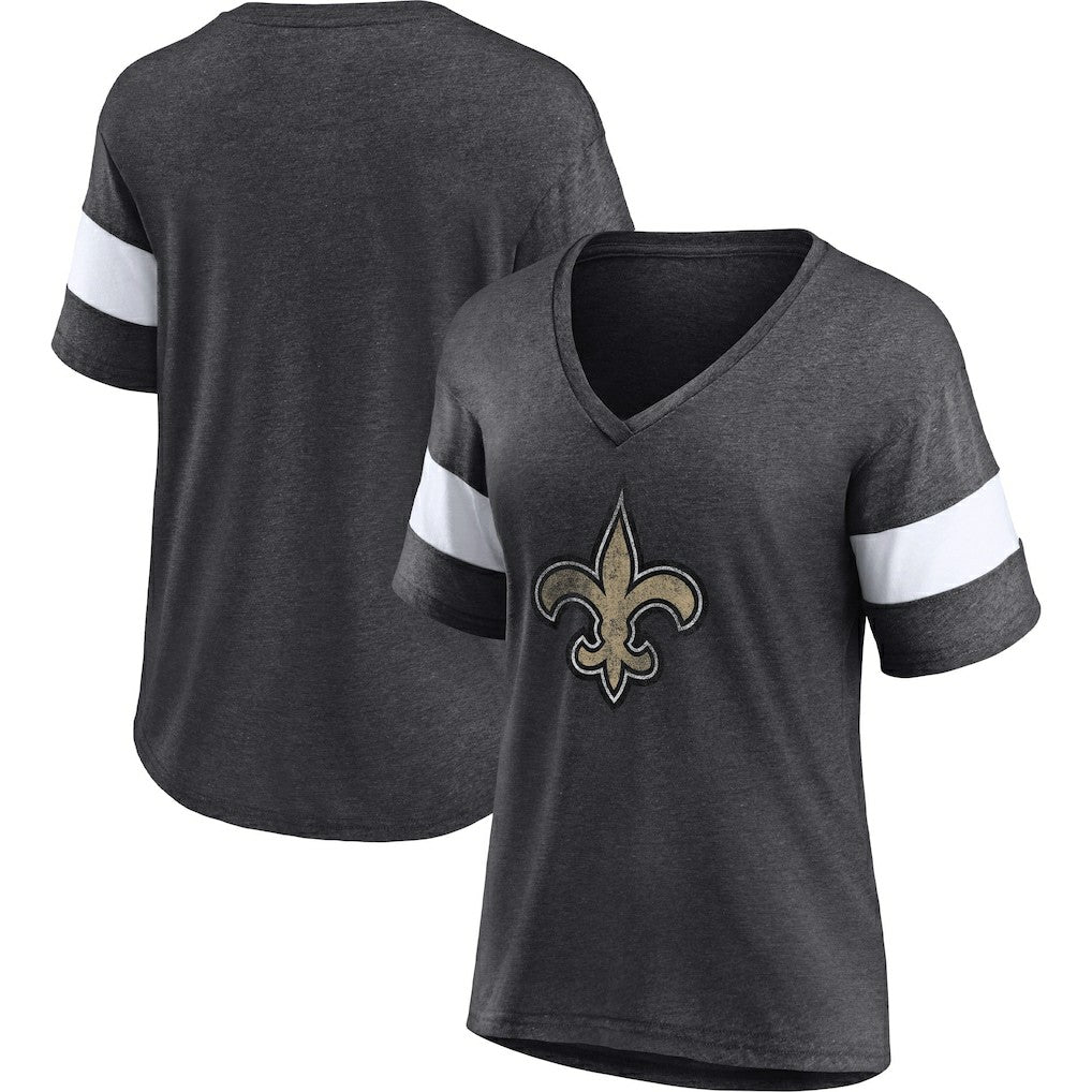 New Orleans Saints Women's Distressed Team Tri-Blend V-Neck T-Shirt Heathered Charcoal/White - Fanatics