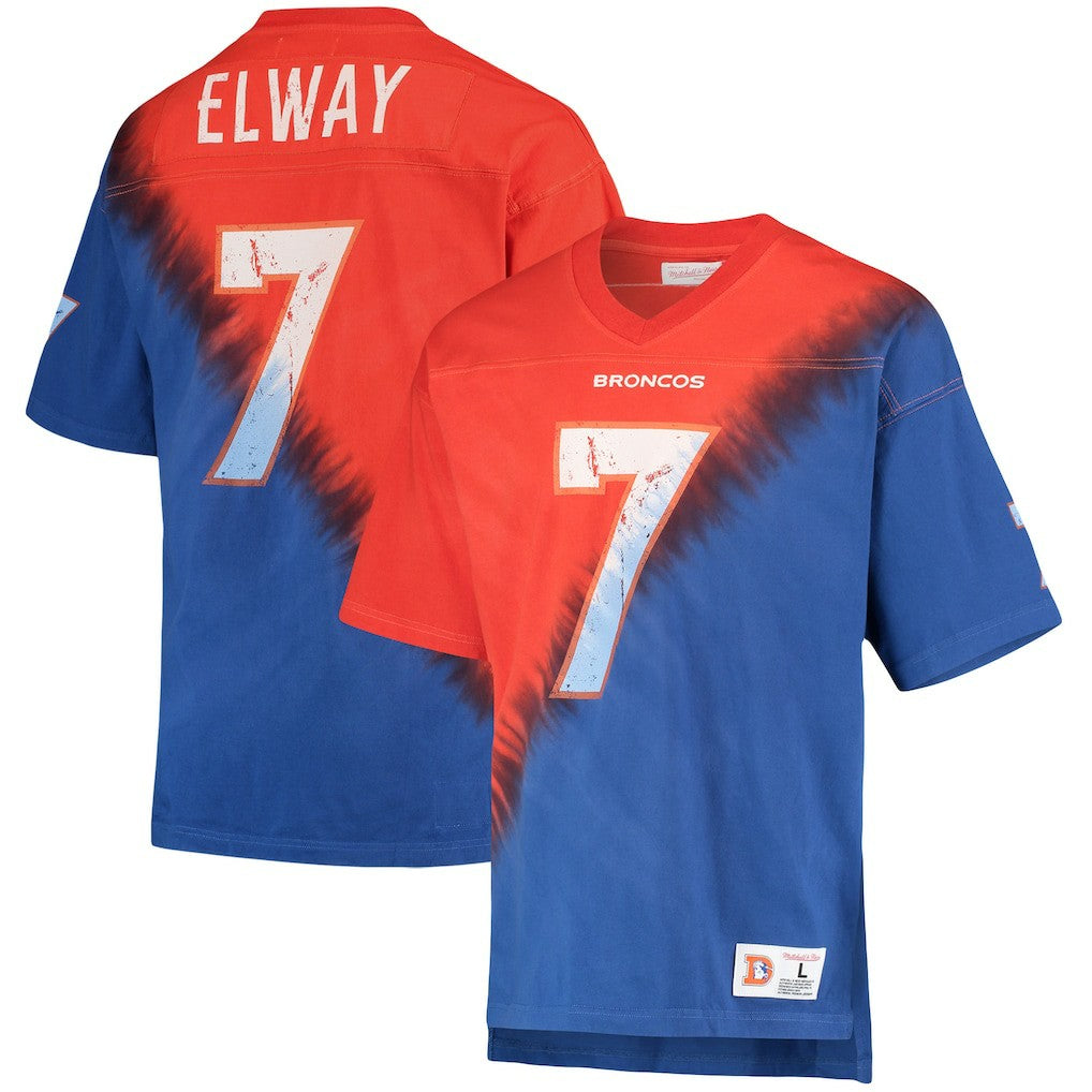 John Elway Denver Broncos Retired Player Name & Number Diagonal Tie-Dye V-Neck T-Shirt Orange/Royal - Mitchell & Ness