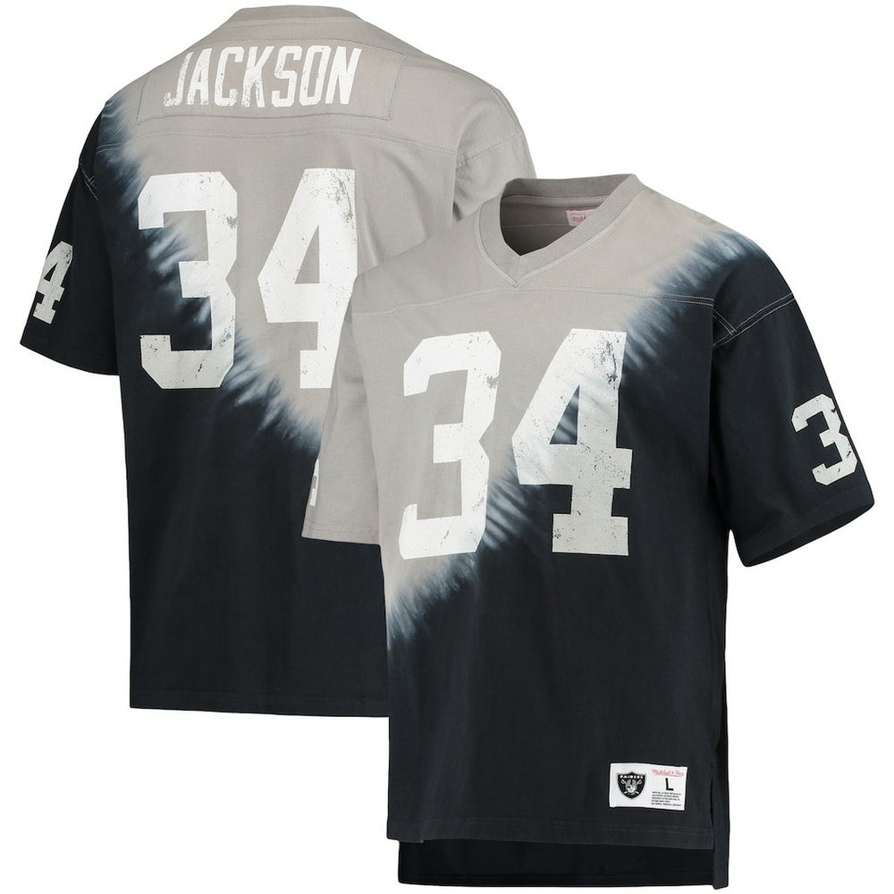 Bo Jackson Las Vegas Raiders Retired Player Name & Number Diagonal Tie-Dye V-Neck T-Shirt Black/Silver - Mitchell & Ness
