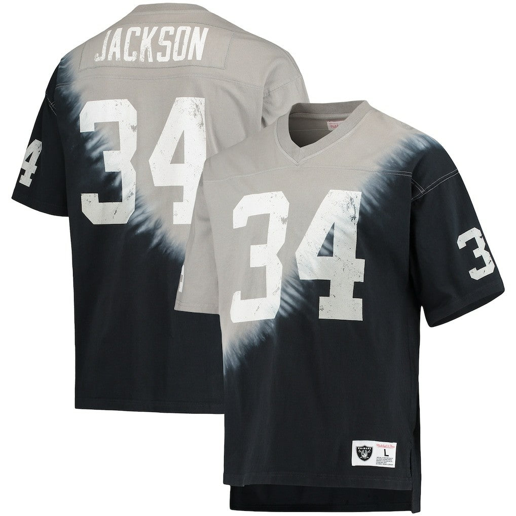 Bo Jackson Las Vegas Raiders Retired Player Name & Number Diagonal Tie-Dye V-Neck T-Shirt Black/Silver - Mitchell & Ness