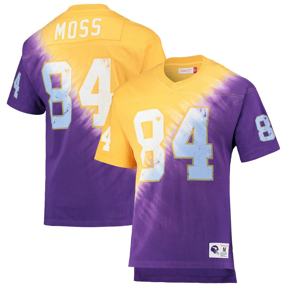 Randy Moss Minnesota Vikings Retired Player Name & Number Diagonal Tie-Dye V-Neck T-Shirt Gold/Purple - Mitchell & Ness