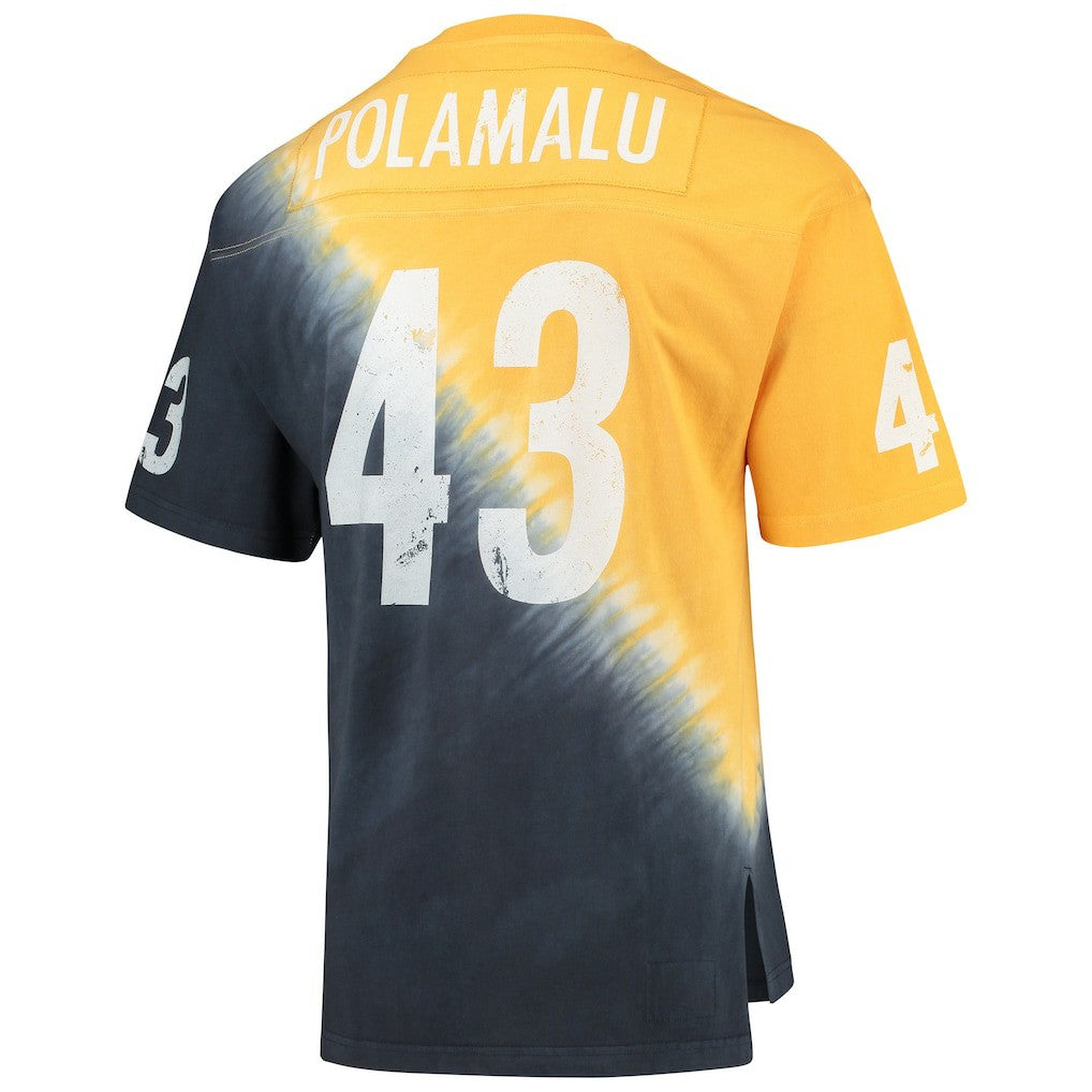 Troy Polamalu Pittsburgh Steelers Retired Player Name & Number Diagonal Tie-Dye V-Neck T-Shirt Gold/Black - Mitchell & Ness