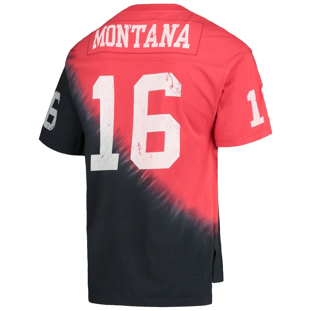 Joe Montana San Francisco 49ers Retired Player Name & Number Diagonal Tie-Dye V-Neck T-Shirt Black/Red - Mitchell & Ness
