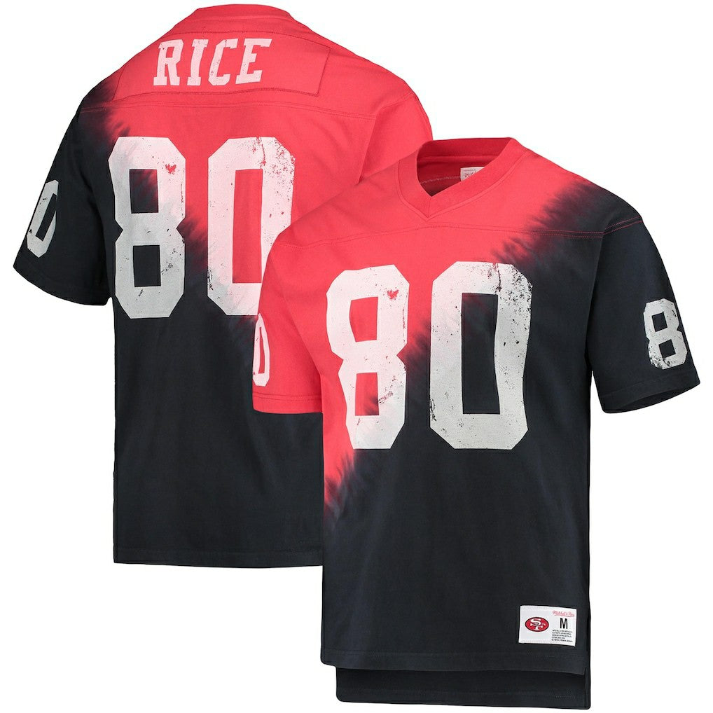 Jerry Rice San Francisco 49ers Retired Player Name & Number Diagonal Tie-Dye V-Neck T-Shirt Black/Red - Mitchell & Ness