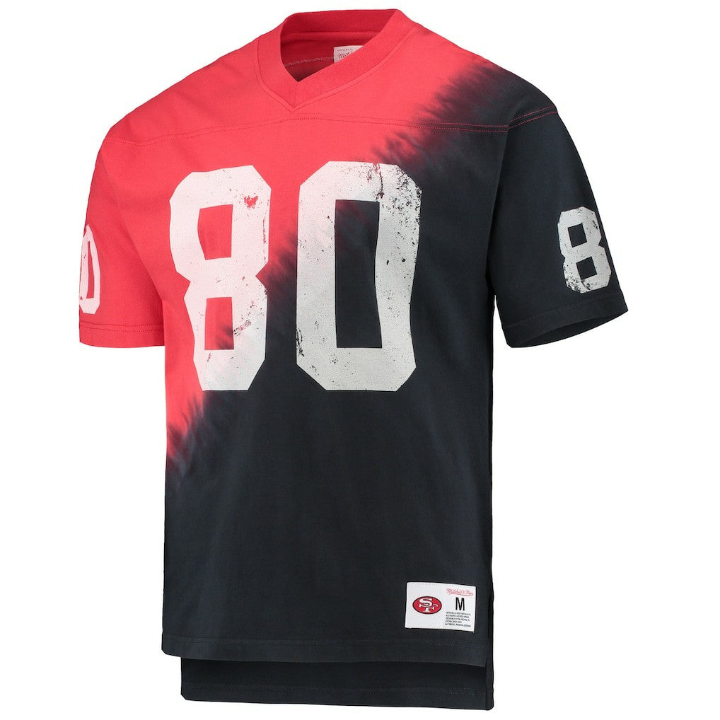 Jerry Rice San Francisco 49ers Retired Player Name & Number Diagonal Tie-Dye V-Neck T-Shirt Black/Red - Mitchell & Ness
