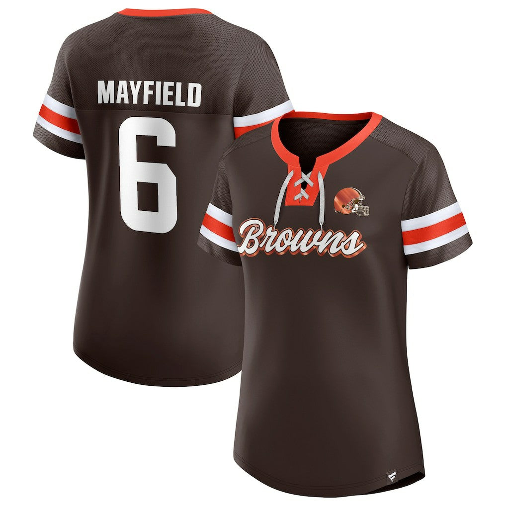 Baker Mayfield Cleveland Browns Women's Athena Name & Number Notch Neck T-Shirt Brown - Fanatics