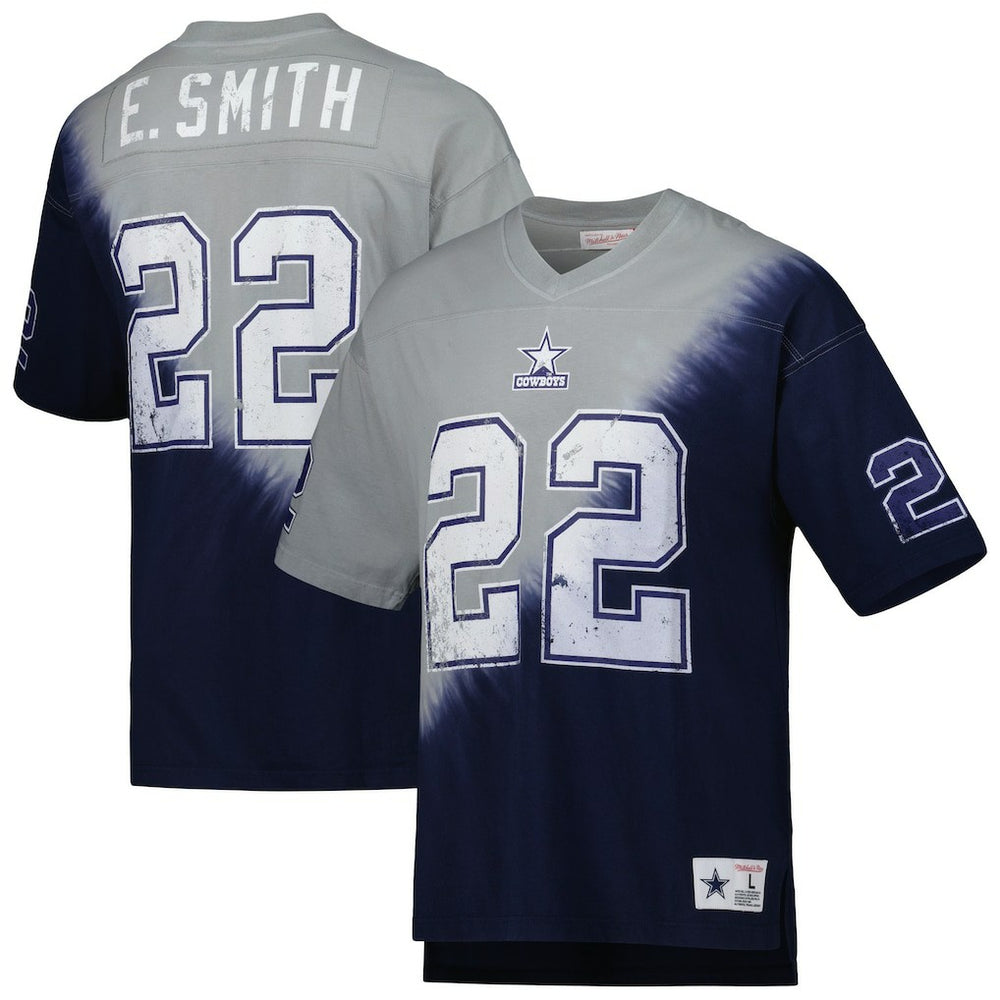 Emmitt Smith Dallas Cowboys Retired Player Name & Number Diagonal Tie-Dye V-Neck T-Shirt Navy/Gray - Mitchell & Ness