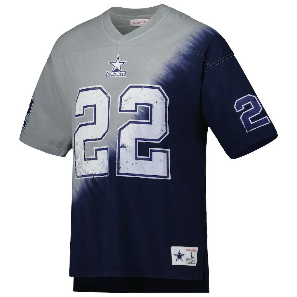 Emmitt Smith Dallas Cowboys Retired Player Name & Number Diagonal Tie-Dye V-Neck T-Shirt Navy/Gray - Mitchell & Ness