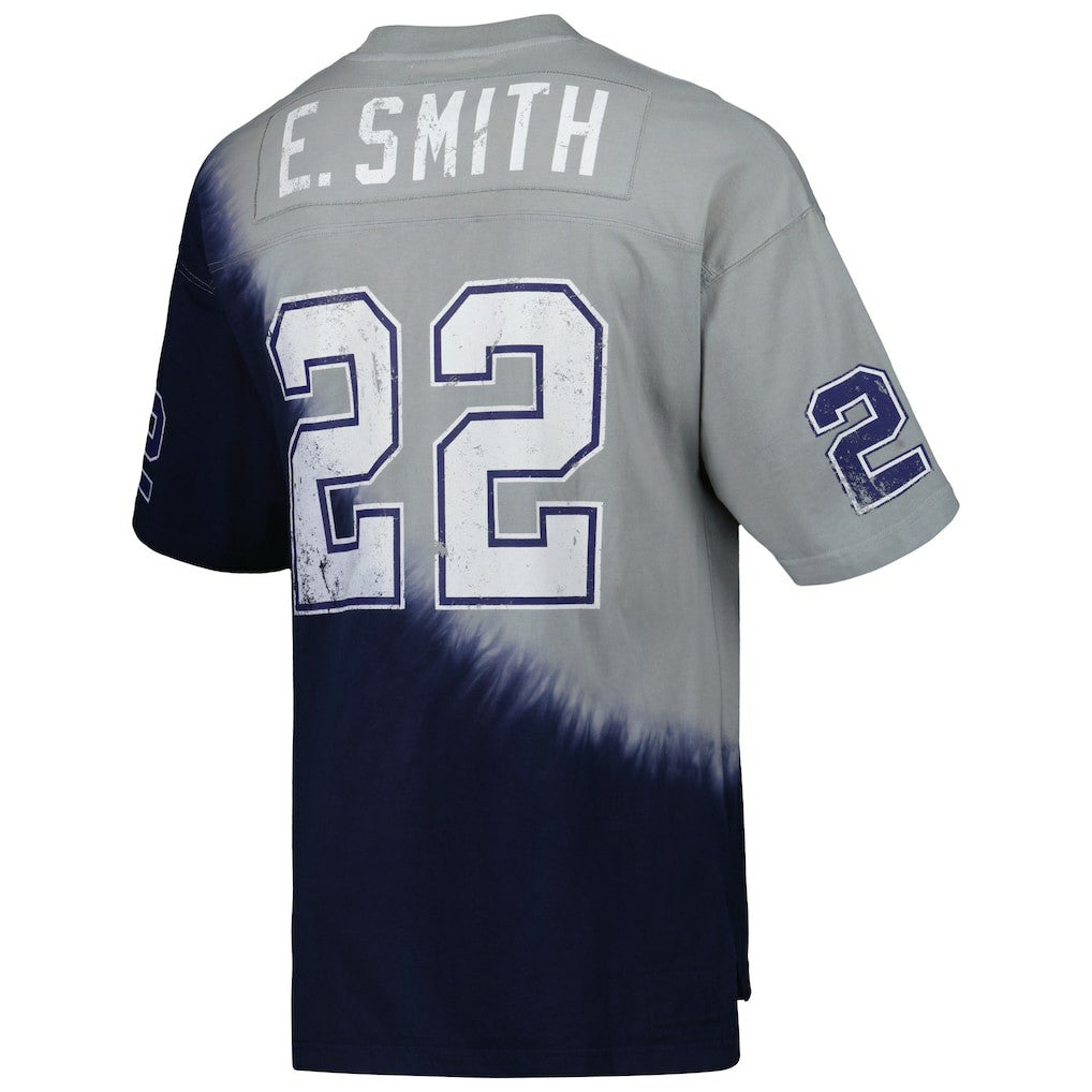 Emmitt Smith Dallas Cowboys Retired Player Name & Number Diagonal Tie-Dye V-Neck T-Shirt Navy/Gray - Mitchell & Ness