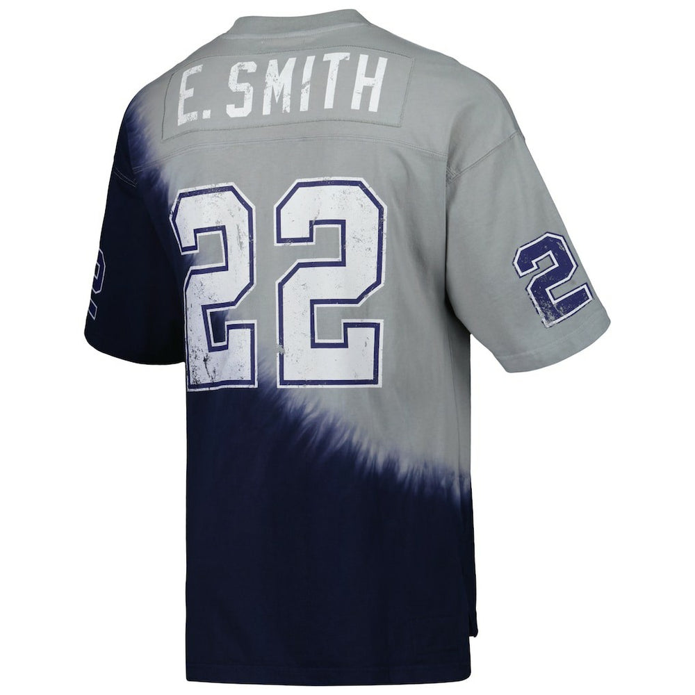 Emmitt Smith Dallas Cowboys Retired Player Name & Number Diagonal Tie-Dye V-Neck T-Shirt Navy/Gray - Mitchell & Ness