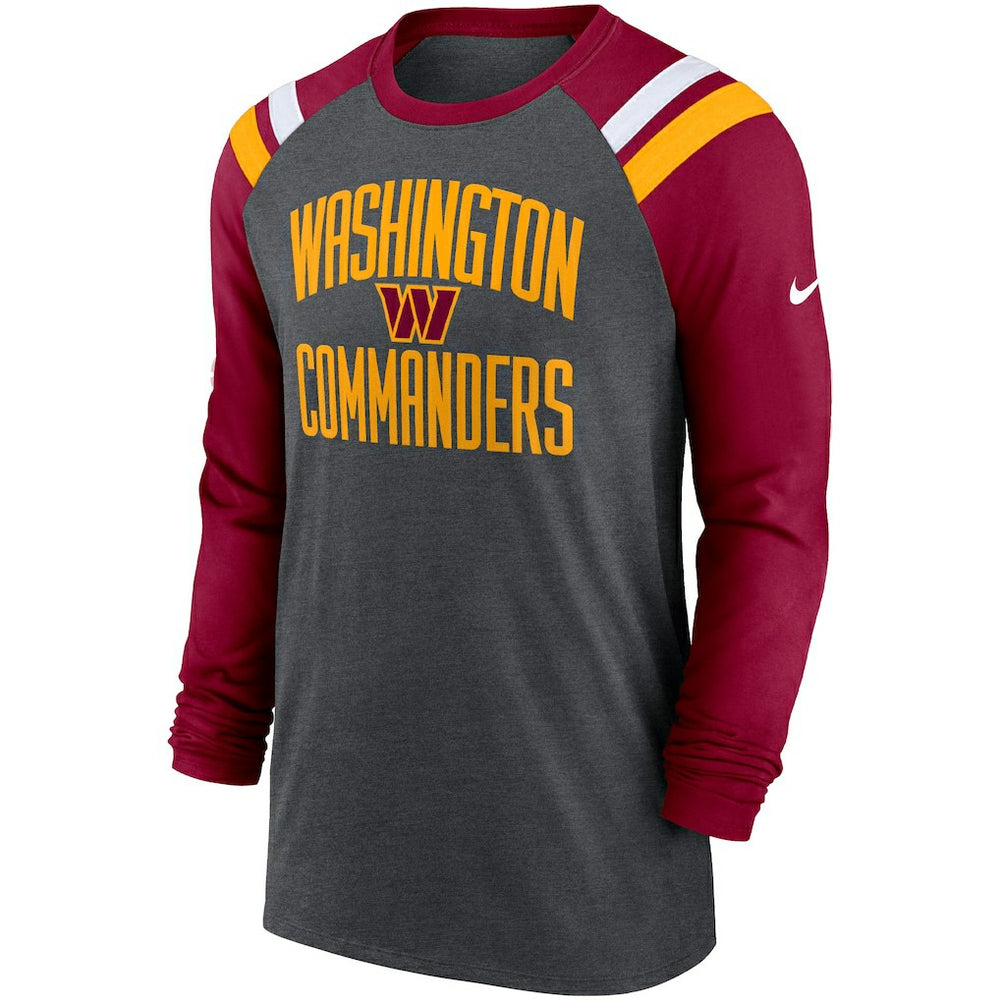 Washington Commanders Tri-Blend Raglan Athletic Long Sleeve Fashion T-Shirt Heathered Charcoal/Burgundy - Nike