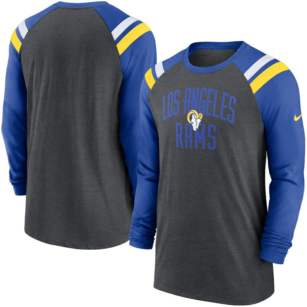 Los Angeles Rams Tri-Blend Raglan Athletic Long Sleeve Fashion T-Shirt Heathered Charcoal/Royal - Nike