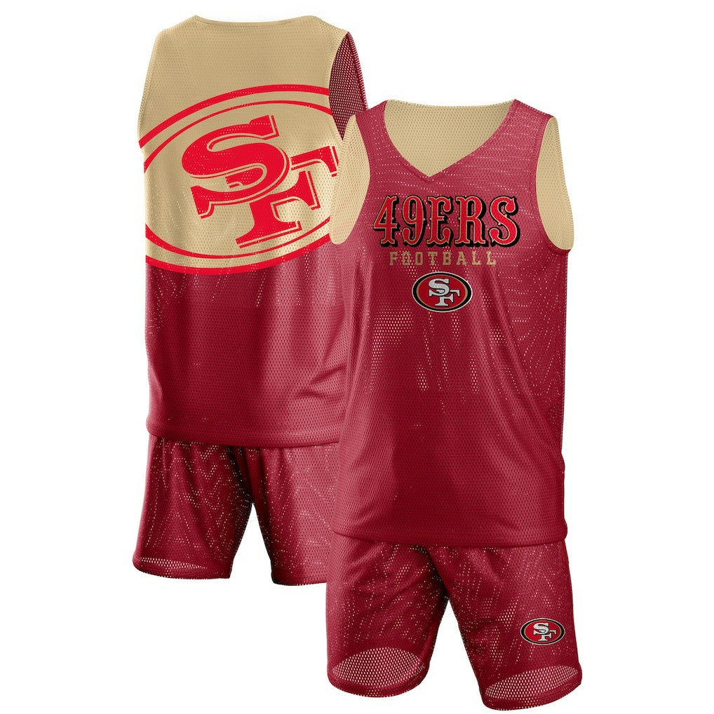 San Francisco 49ers FOCO Colorblock Mesh V-Neck & Shorts Set Scarlet - NFL