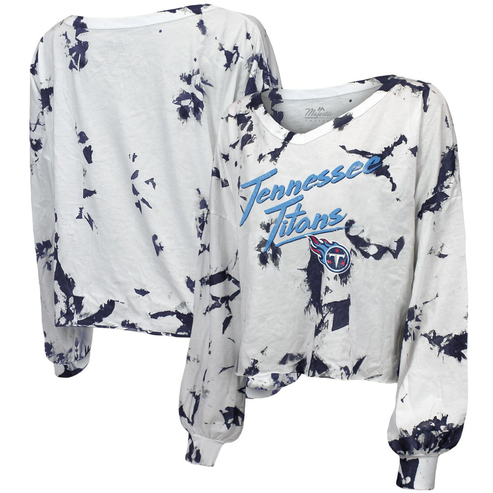Tennessee Titans Majestic Threads Women's Off-Shoulder Tie-Dye V-Neck Long Sleeve T-Shirt White/Navy - NFL