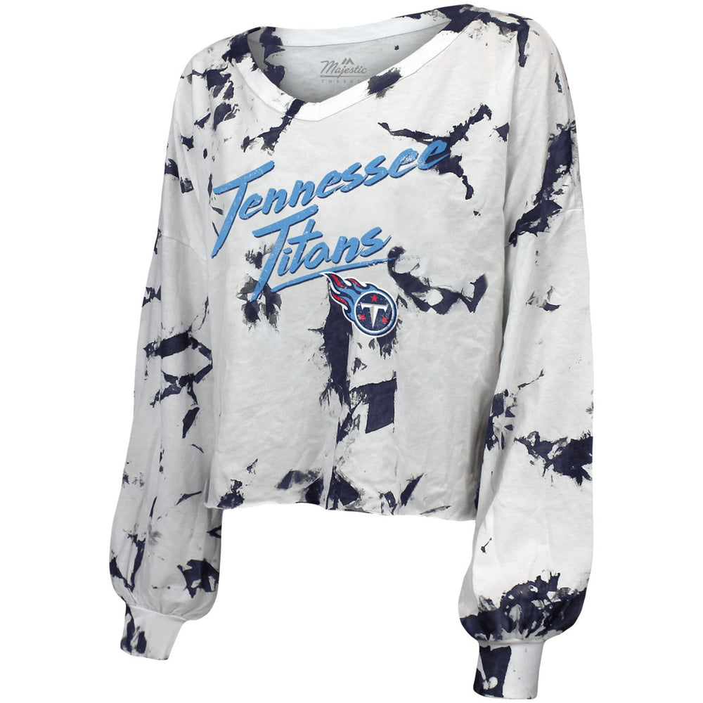 Tennessee Titans Majestic Threads Women's Off-Shoulder Tie-Dye V-Neck Long Sleeve T-Shirt White/Navy - NFL