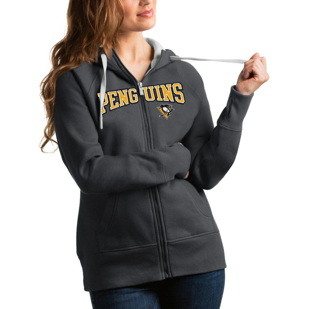 Pittsburgh Penguins Antigua Women's Wordmark Victory Full-Zip Hoodie Charcoal
