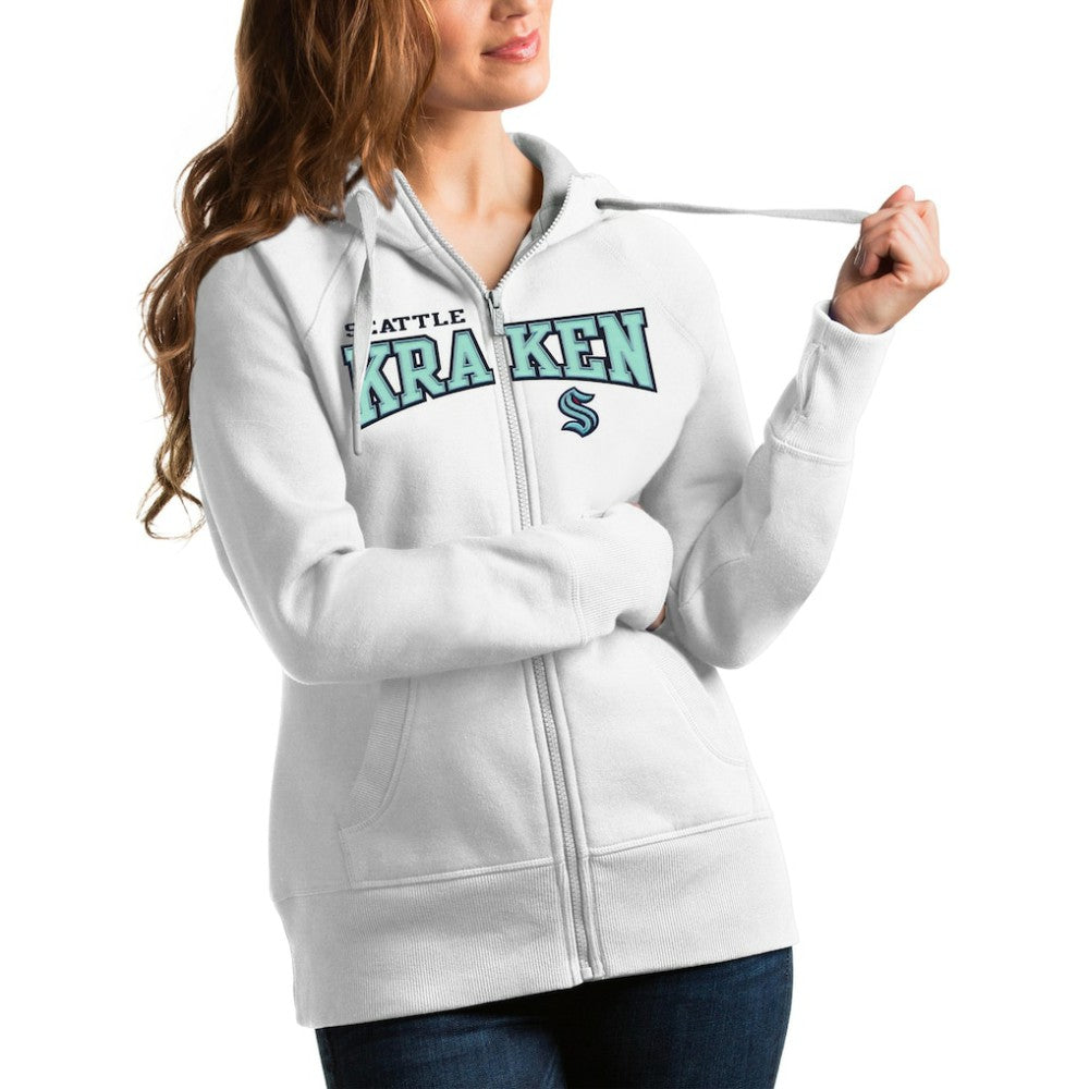 Seattle Kraken Antigua Women's Wordmark Victory Full-Zip Hoodie White