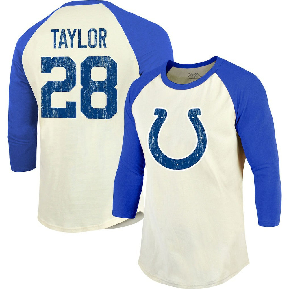 Jonathan Taylor Indianapolis Colts Majestic Threads Vintage Player Name & Number Raglan 3/4-Sleeve T-Shirt Cream/Royal - NFL