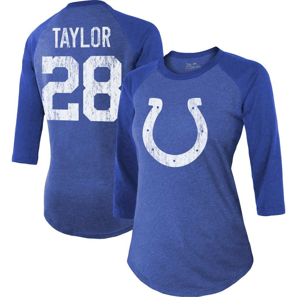 Jonathan Taylor Indianapolis Colts Majestic Threads Women's Player Name & Number Raglan Tri-Blend 3/4-Sleeve T-Shirt Royal - NFL