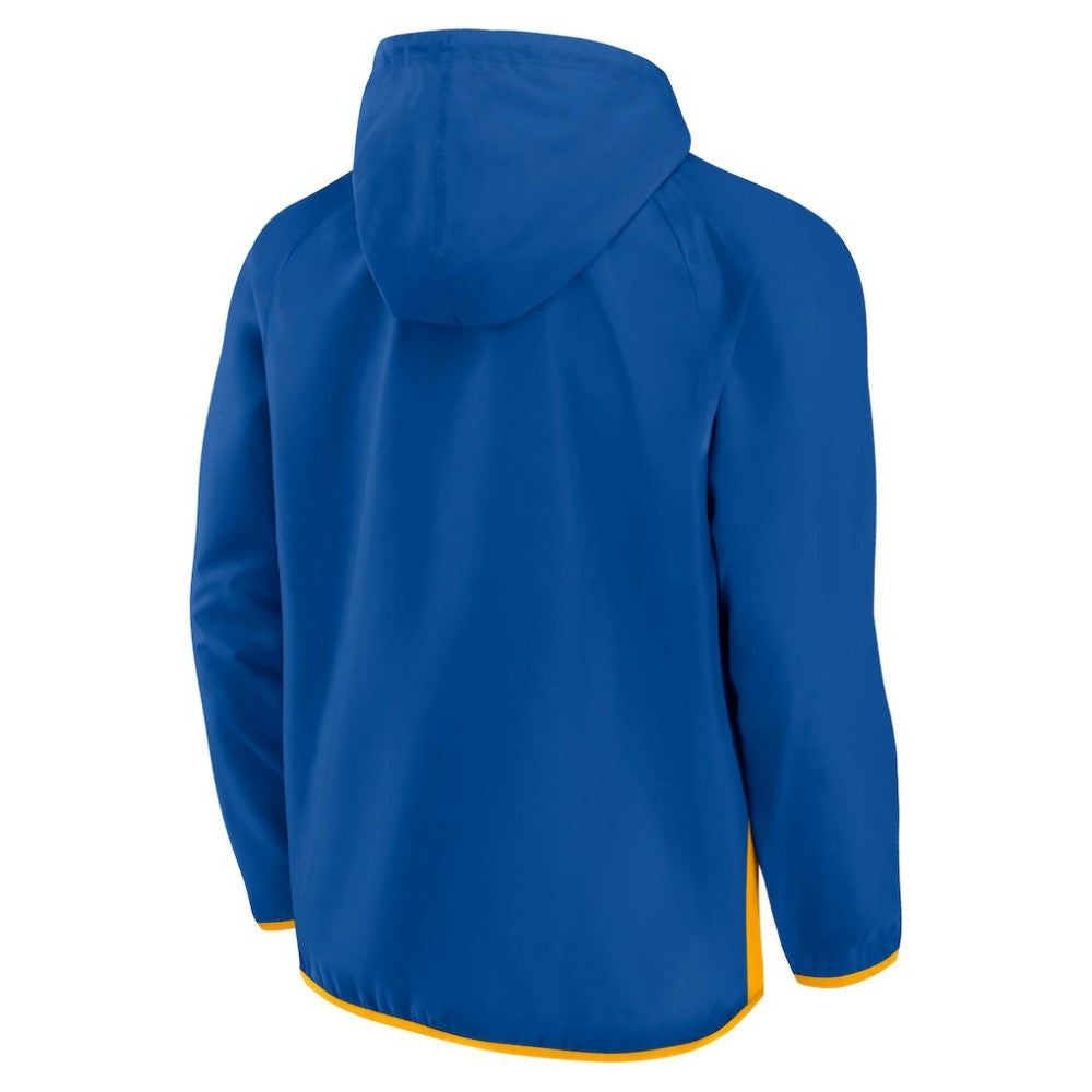 St. Louis Blues - Fanatics Backhand Shooter Defender Anorak Raglan Hoodie Quarter-Zip Jacket Blue/Gold