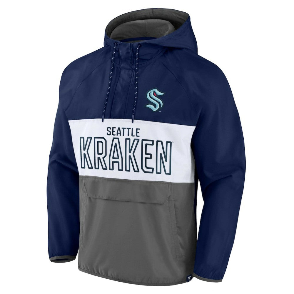 Seattle Kraken Fanatics Backhand Shooter Defender Anorak Raglan Hoodie Quarter-Zip Jacket Deep Sea Blue/Gray