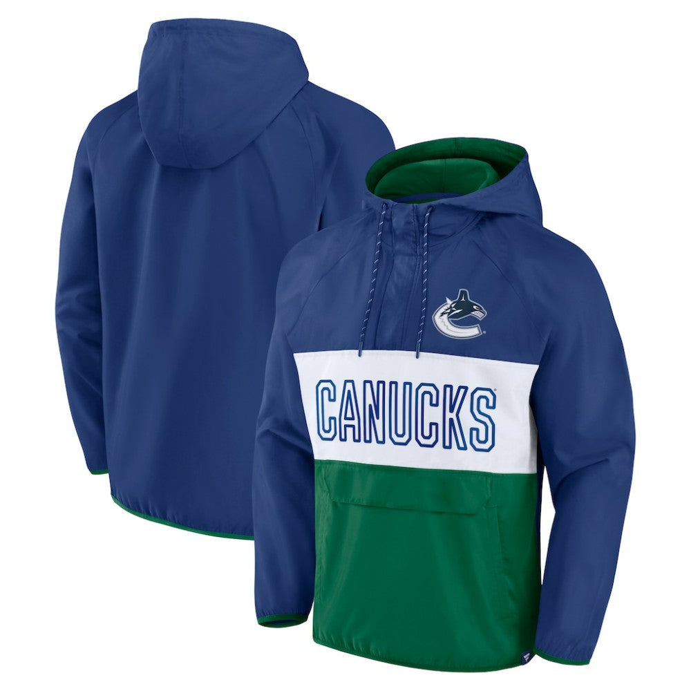 Vancouver Canucks - Fanatics Backhand Shooter Defender Anorak Raglan Hoodie Quarter-Zip Jacket Blue/Green