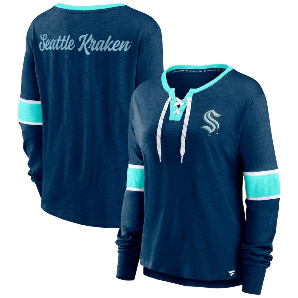 Seattle Kraken Fanatics Women's Effervescent Exclusive Notch Neck Lace-Up Long Sleeve Slub T-Shirt Navy