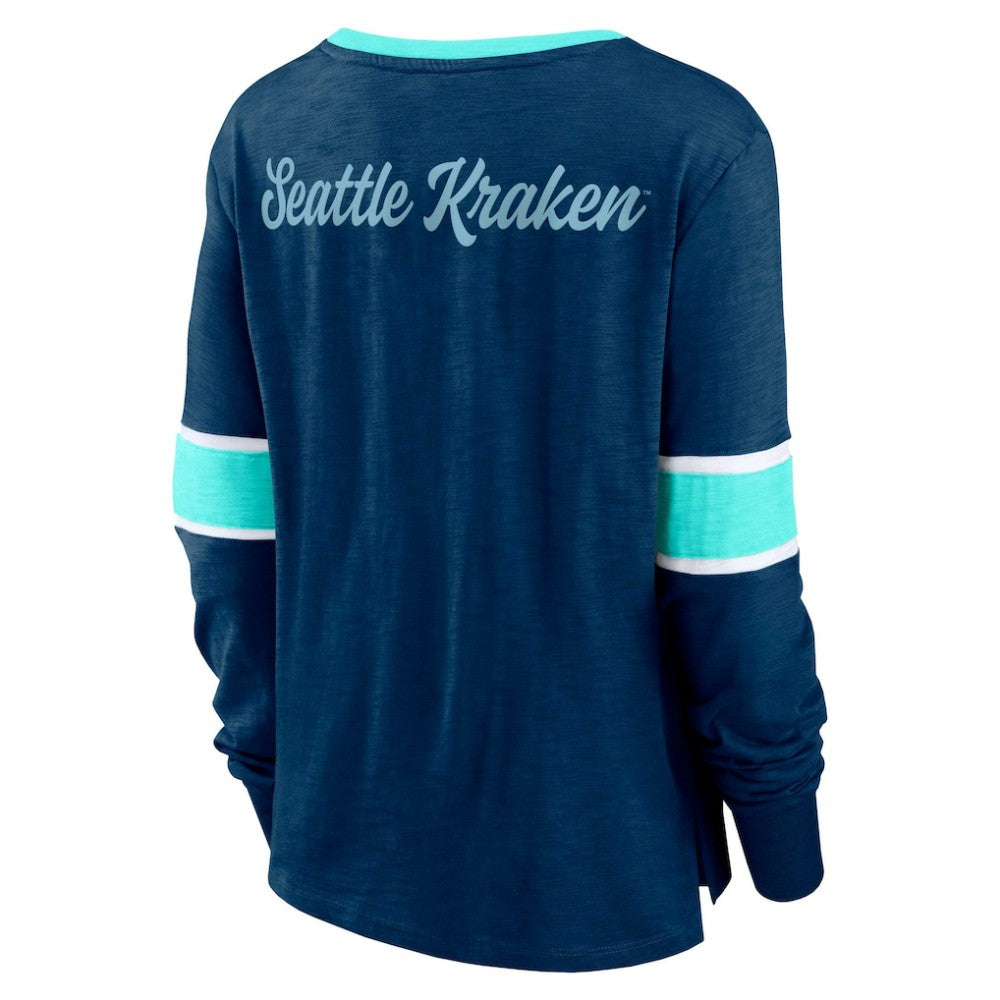 Seattle Kraken Fanatics Women's Effervescent Exclusive Notch Neck Lace-Up Long Sleeve Slub T-Shirt Navy