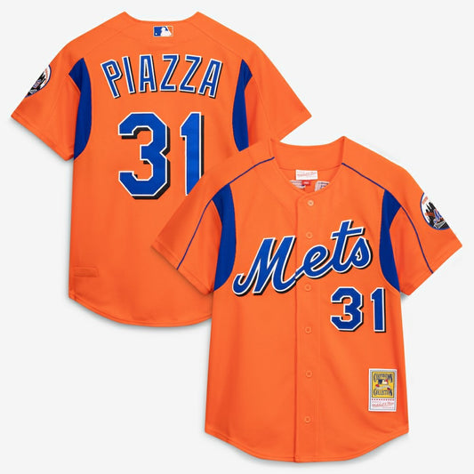 Mike Piazza New York Mets Mitchell & Ness Cooperstown Collection Mesh Batting Practice Button-Up Jersey - Orange | MLB Jerseys