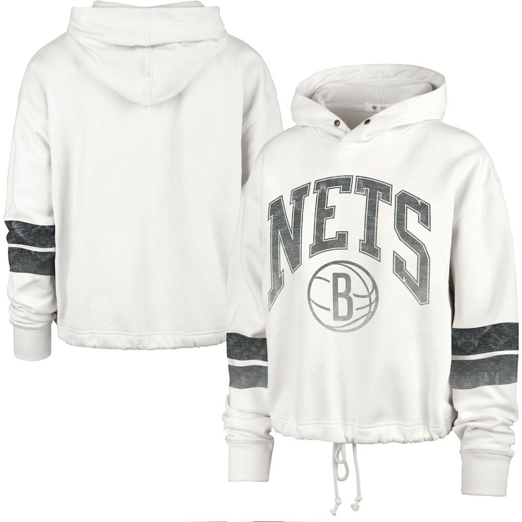 47 brand - Brooklyn Nets '47 Women's Emerson Stripe Cropped Pullover Hoodie - Cream