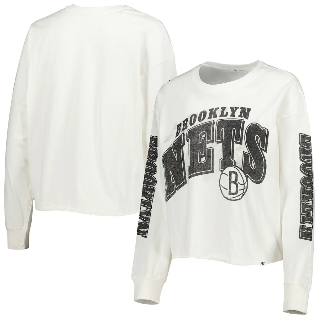 47 brand - Brooklyn Nets '47 Women's Parkway Brush Back Long Sleeve Cropped T-Shirt - Cream