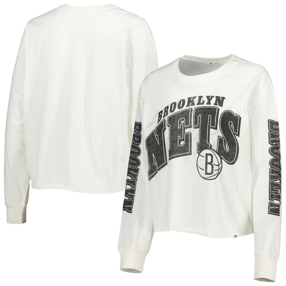 47 brand - Brooklyn Nets '47 Women's Parkway Brush Back Long Sleeve Cropped T-Shirt - Cream