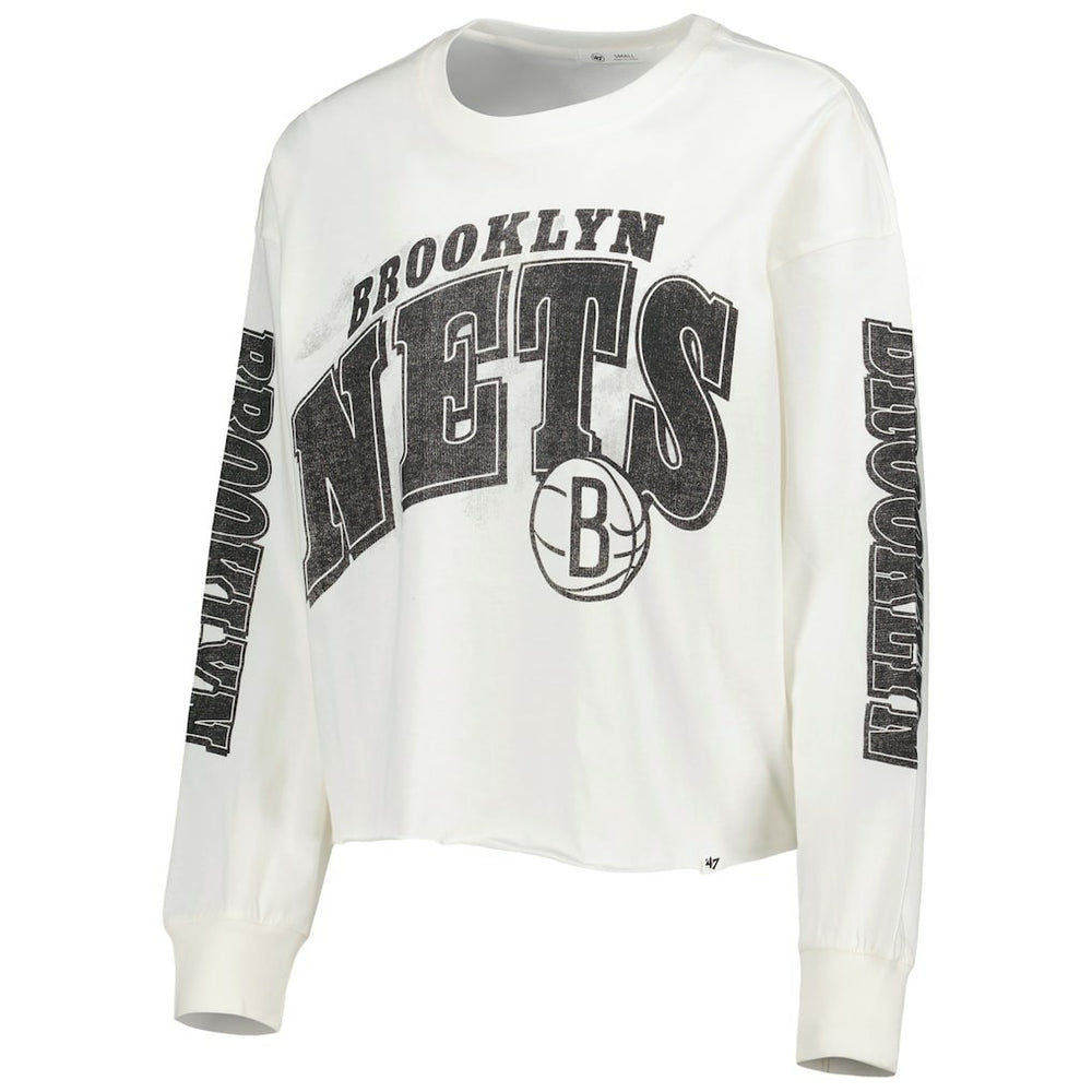47 brand - Brooklyn Nets '47 Women's Parkway Brush Back Long Sleeve Cropped T-Shirt - Cream