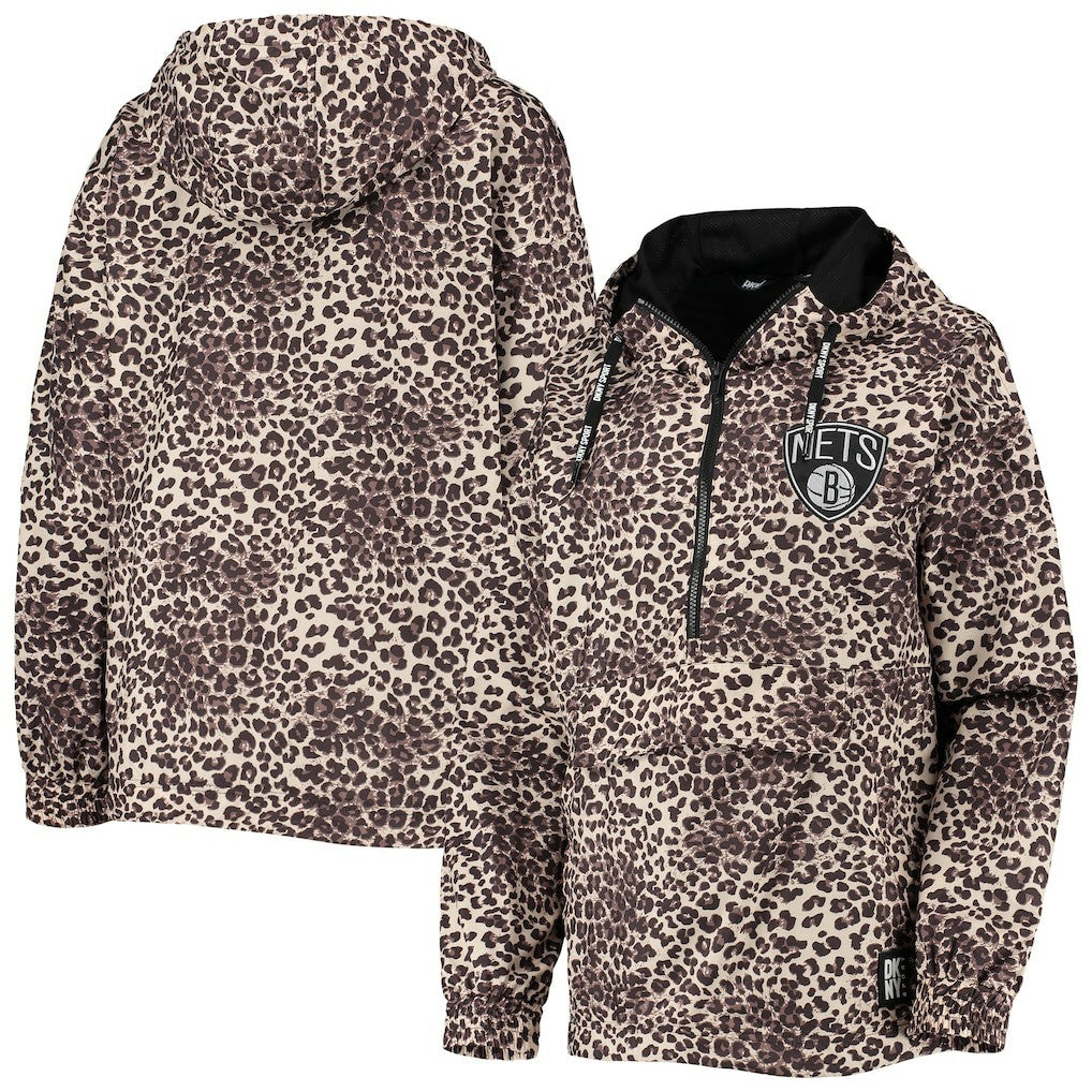 NBA - Brooklyn Nets DKNY Sport Women's Gabriella Windbreaker Half-Zip Hoodie - Leopard
