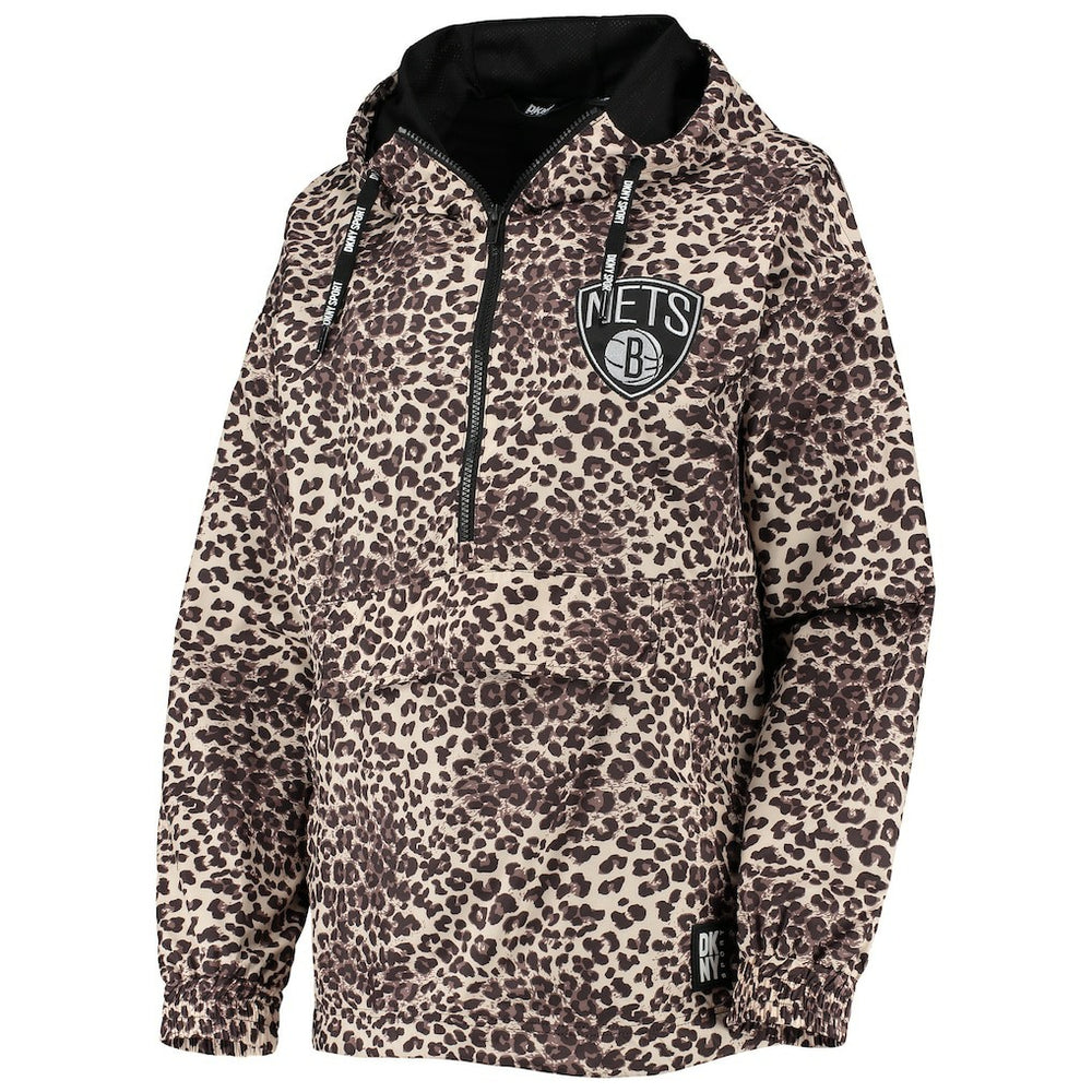 NBA - Brooklyn Nets DKNY Sport Women's Gabriella Windbreaker Half-Zip Hoodie - Leopard