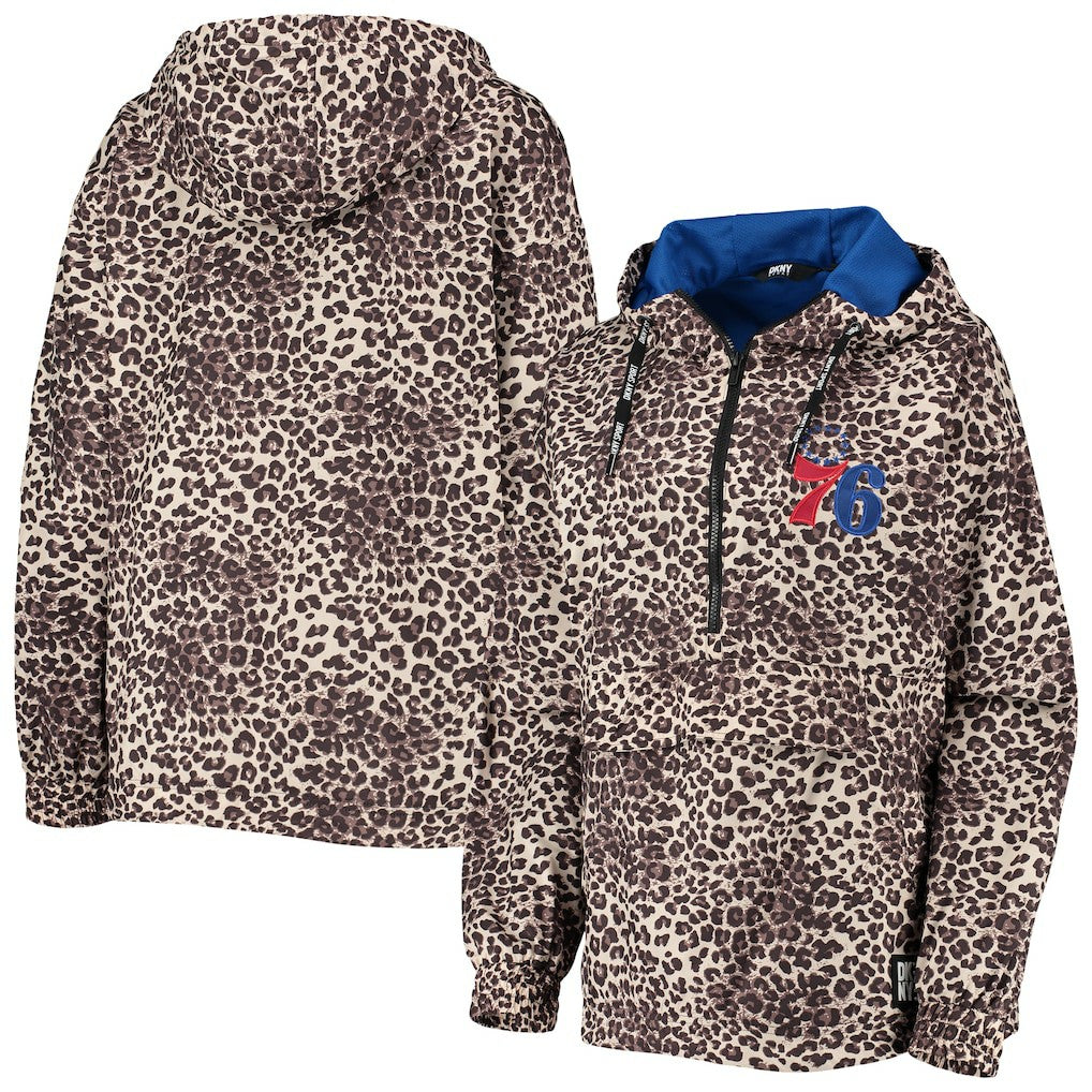 NBA - Philadelphia 76ers DKNY Sport Women's Gabriella Windbreaker Half-Zip Hoodie - Leopard