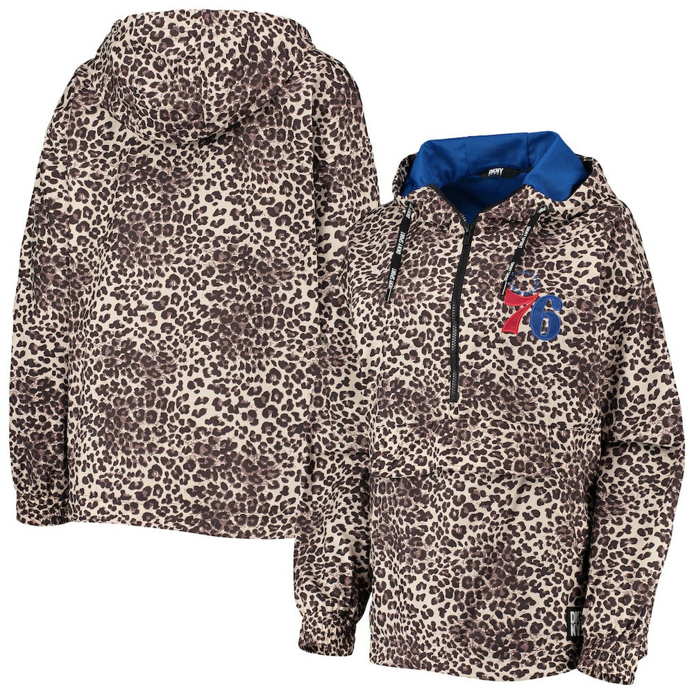 NBA - Philadelphia 76ers DKNY Sport Women's Gabriella Windbreaker Half-Zip Hoodie - Leopard