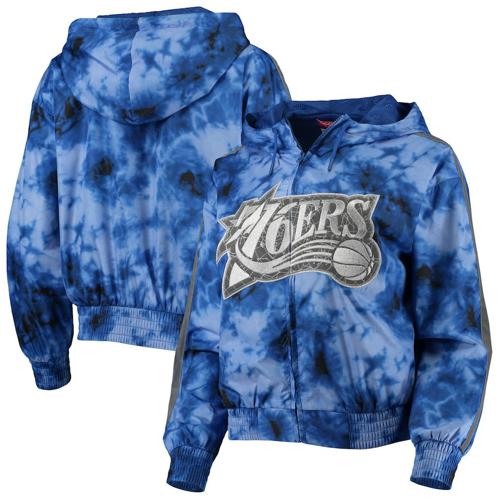 Mitchell & Ness - Philadelphia 76ers Women's Galaxy Sublimated Windbreaker Pullover Full-Zip Hoodie - Royal