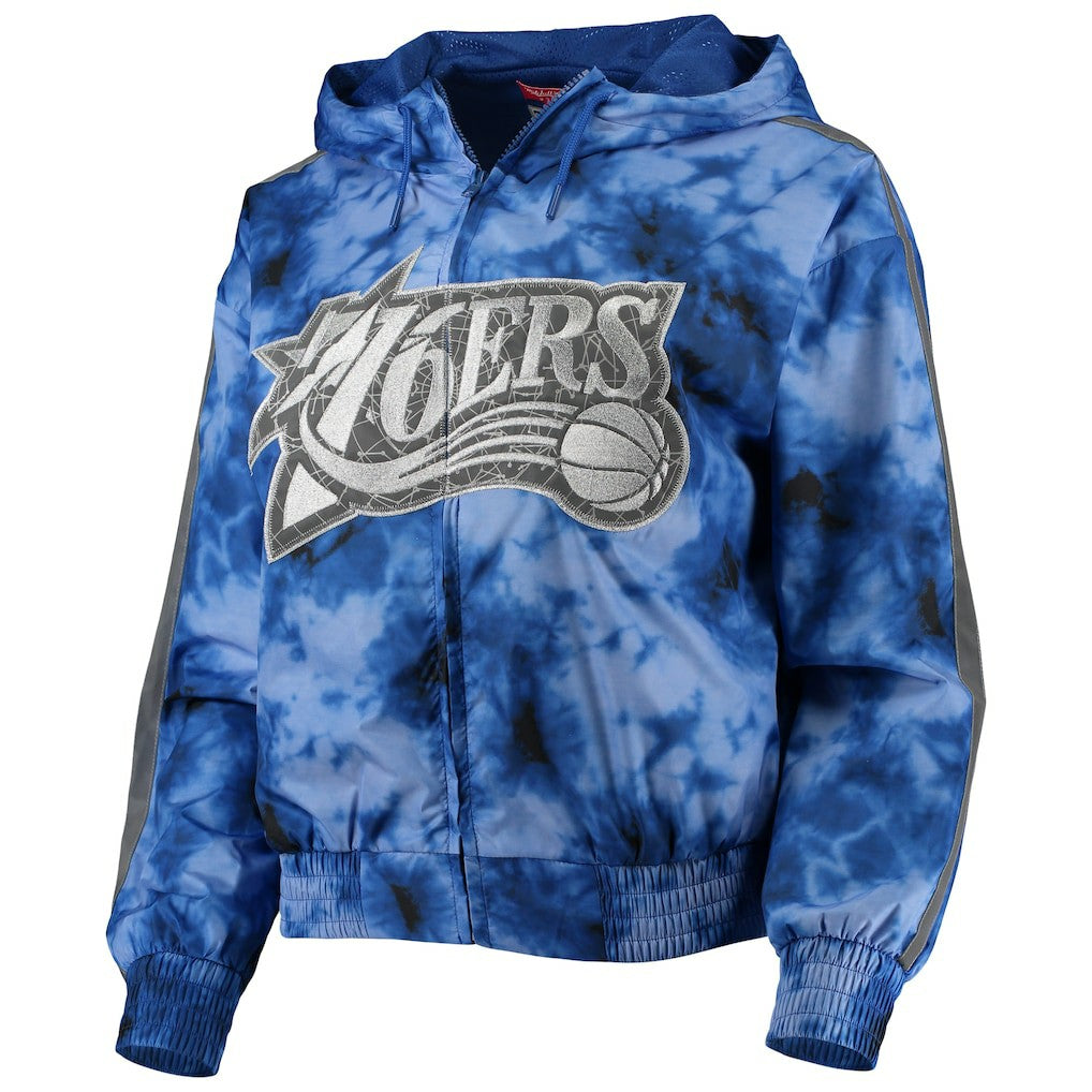 Mitchell & Ness - Philadelphia 76ers Women's Galaxy Sublimated Windbreaker Pullover Full-Zip Hoodie - Royal