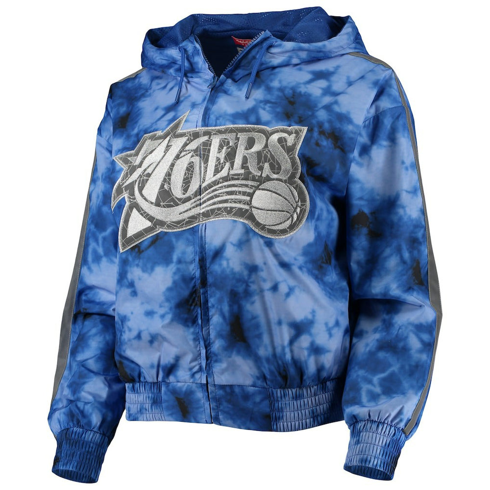Mitchell & Ness - Philadelphia 76ers Women's Galaxy Sublimated Windbreaker Pullover Full-Zip Hoodie - Royal