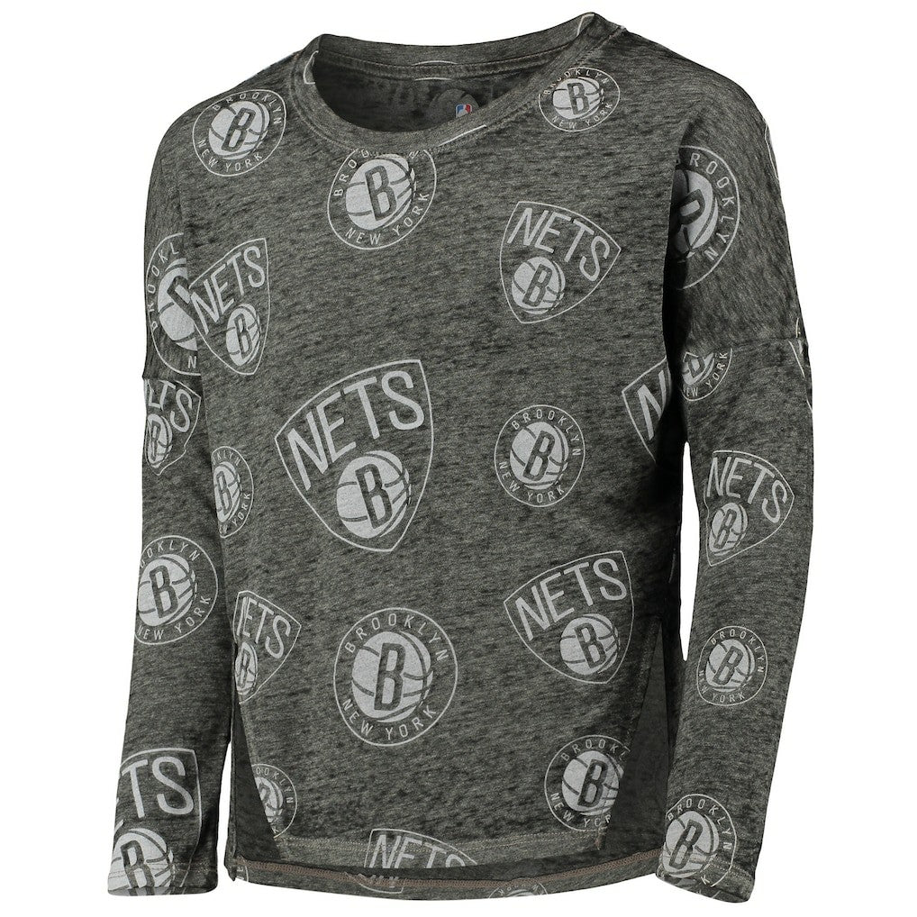 NBA - Brooklyn Nets Girls Youth Back in Action Long Sleeve T-Shirt - Heathered Black