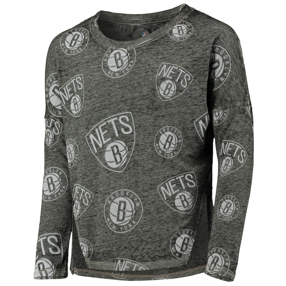NBA - Brooklyn Nets Girls Youth Back in Action Long Sleeve T-Shirt - Heathered Black
