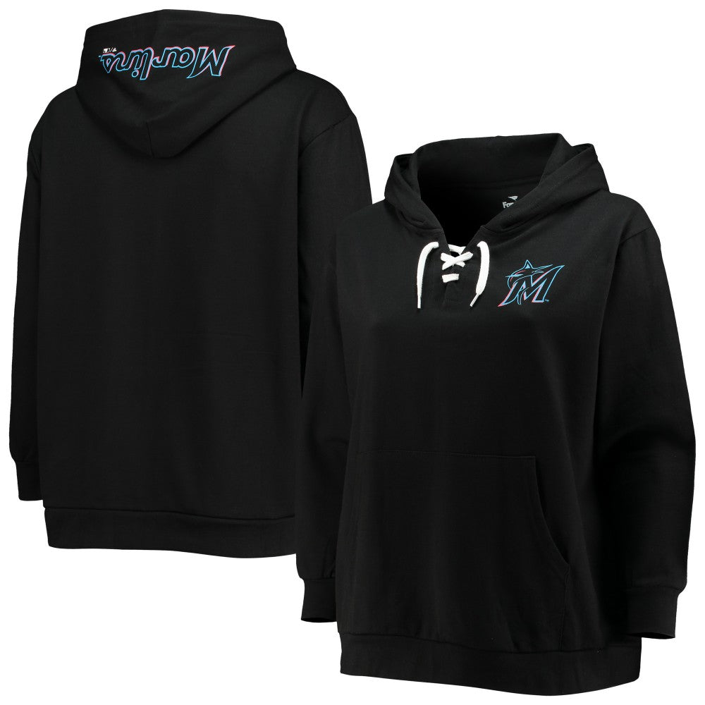 Miami Marlins Women's Plus Size Lace-Up V-Neck Pullover Hoodie Clearance