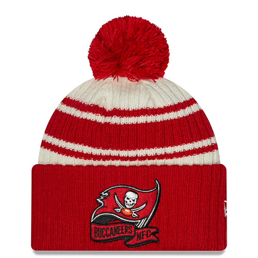 Tampa Bay Buccaneers New Era 2022 Sideline Sport Cuffed Pom Knit Hat Cream/Red - NFL