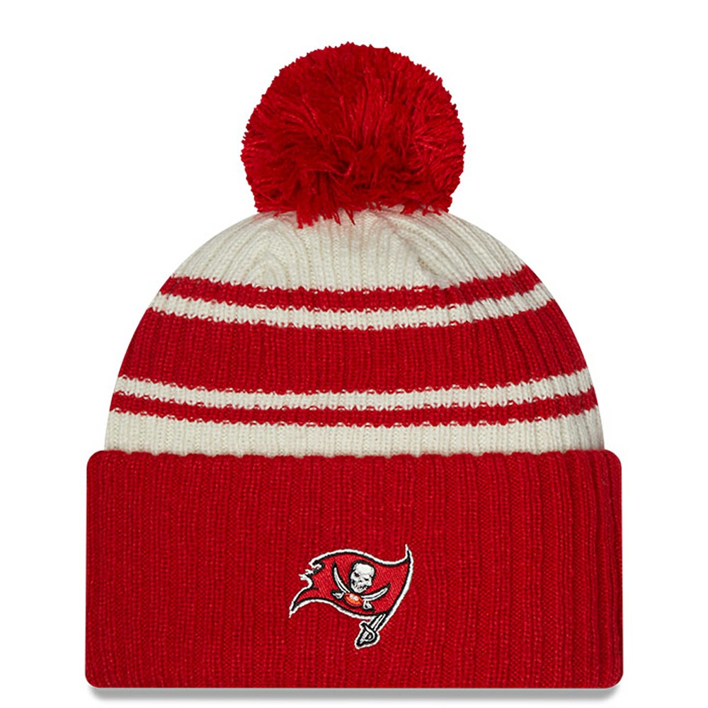 Tampa Bay Buccaneers New Era 2022 Sideline Sport Cuffed Pom Knit Hat Cream/Red - NFL