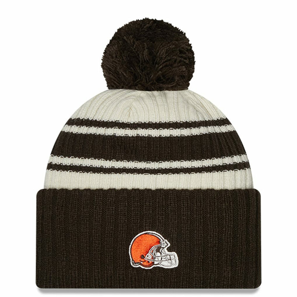 Cleveland Browns New Era Youth 2022 Sideline Sport Cuffed Pom Knit Hat Cream/Brown - NFL