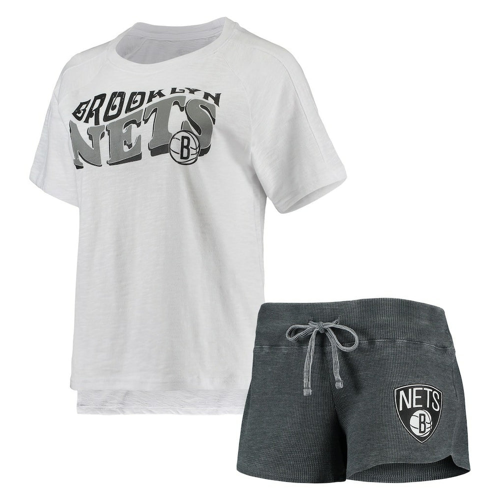 NBA - Brooklyn Nets Concepts Sport Women's Resurgence Slub Burnout Raglan Top & Shorts Sleep Set - Charcoal/White