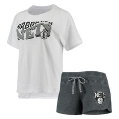 NBA - Brooklyn Nets Concepts Sport Women's Resurgence Slub Burnout Raglan Top & Shorts Sleep Set - Charcoal/White