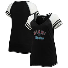 Miami Marlins Soft as a Grape Women's Curvy Color Block Tri-Blend Raglan V-Neck T-Shirt On Sale