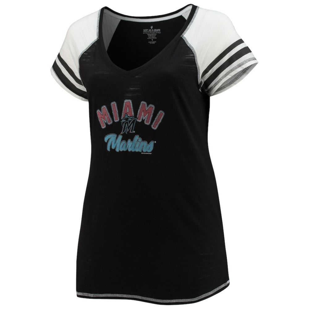 Miami Marlins Soft as a Grape Women's Curvy Color Block Tri-Blend Raglan V-Neck T-Shirt On Sale